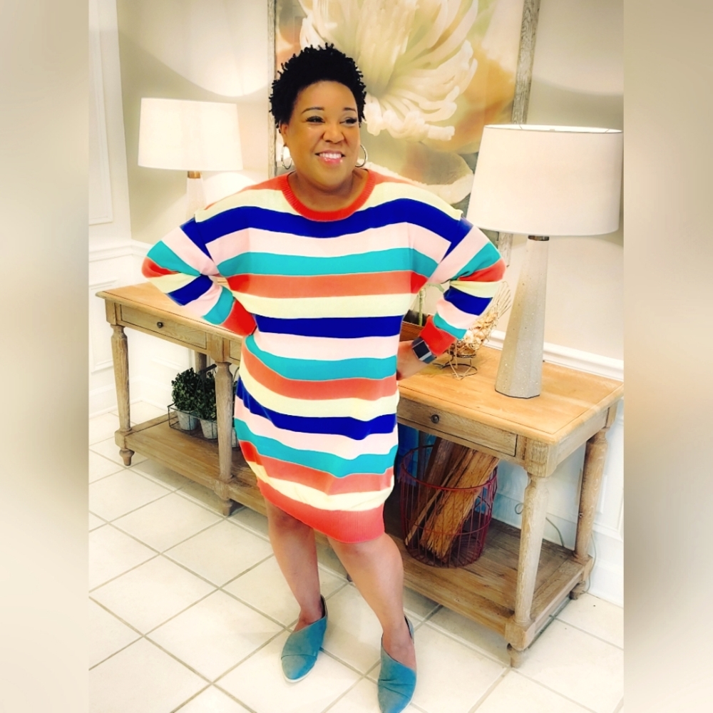 ODDY Rainbow Stripe Sweater Dress | Cozy Knit Statement Dress S–2X